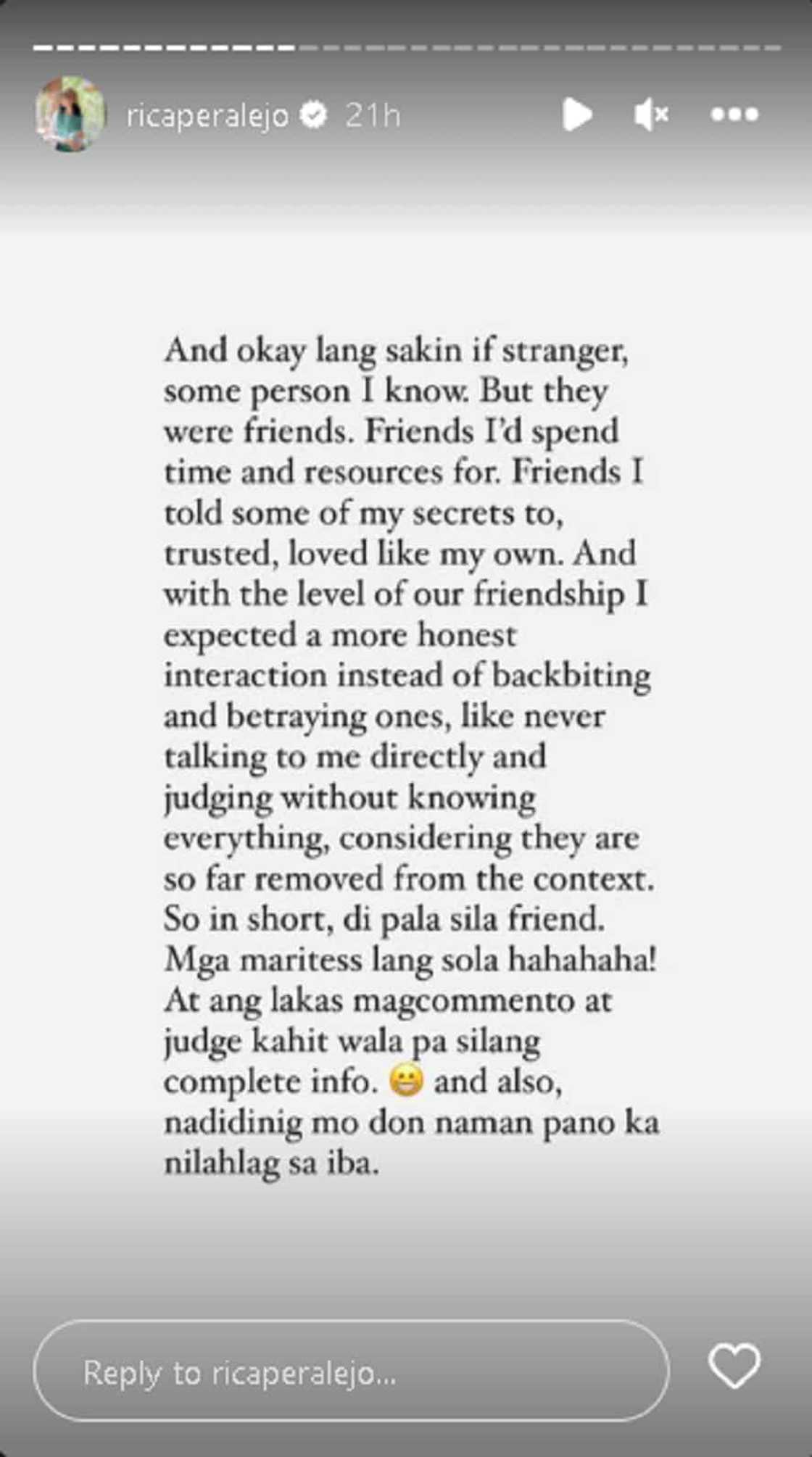 Rica Peralejo, nagpakawala ng malalim na hugot sa socmed: “Di pala sila friend. Mga maritess lang sila” Rica Peralejo, nagpakawala ng malalim na hugot sa socmed: “Di pala sila friend. Mga maritess lang sila”