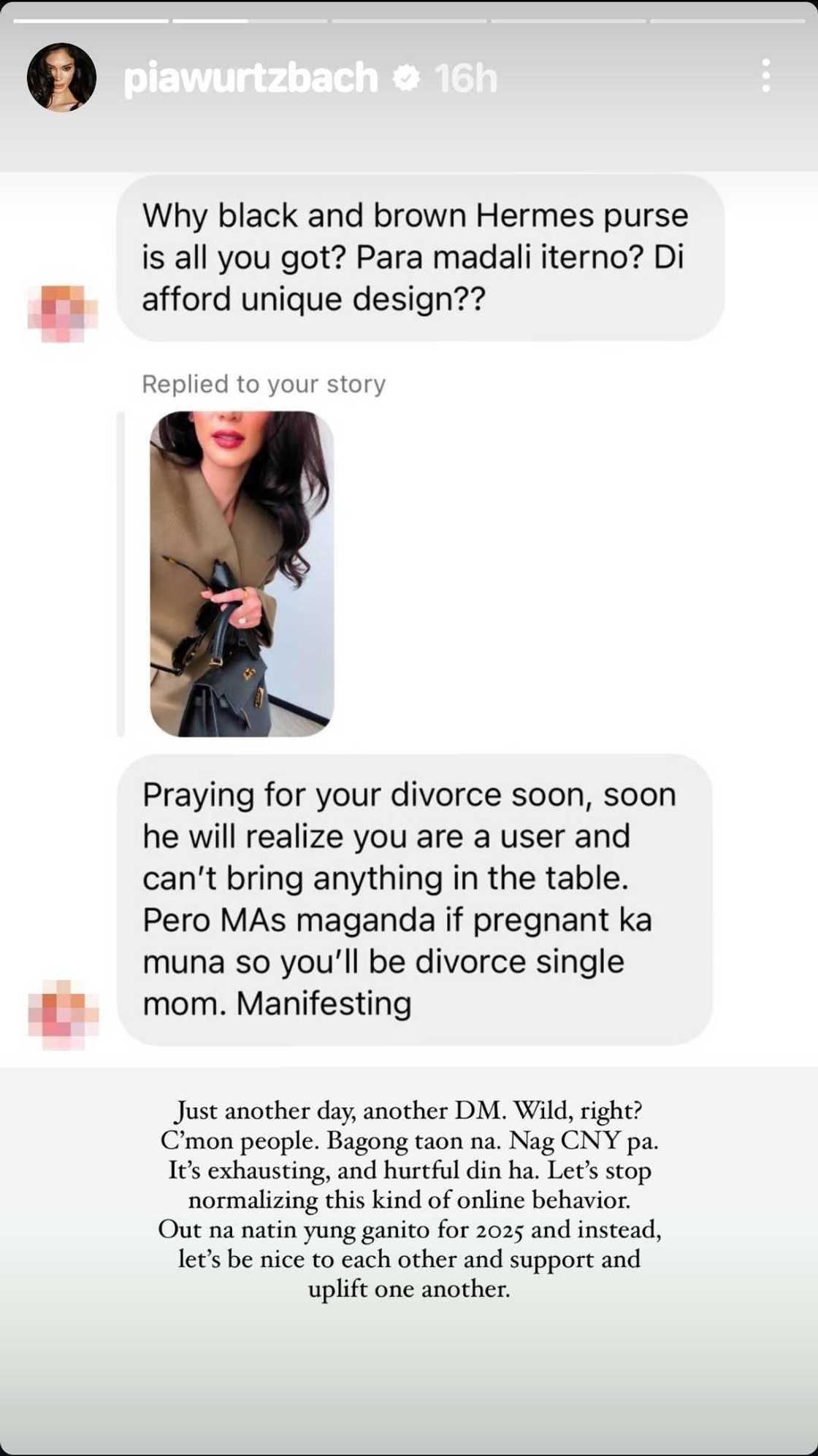 Pia Wurtzbach, nag-react sa “praying for your divorce soon” message sa kanya ng basher Pia Wurtzbach, nag-react sa “praying for your divorce soon” message sa kanya ng basher