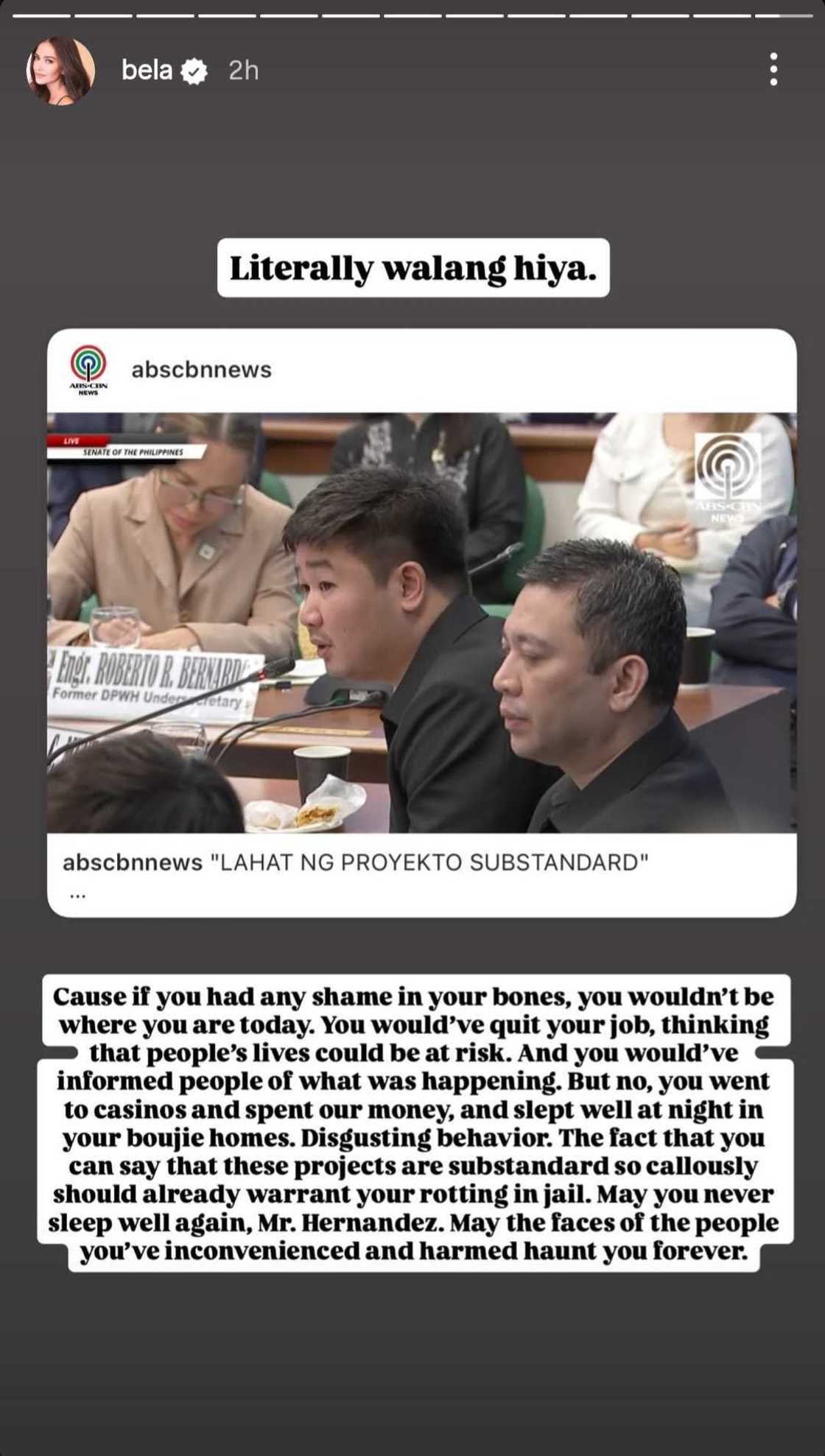Bela Padilla on Brice Hernandez's admission of "substandard" projects: "Literally walang hiya"