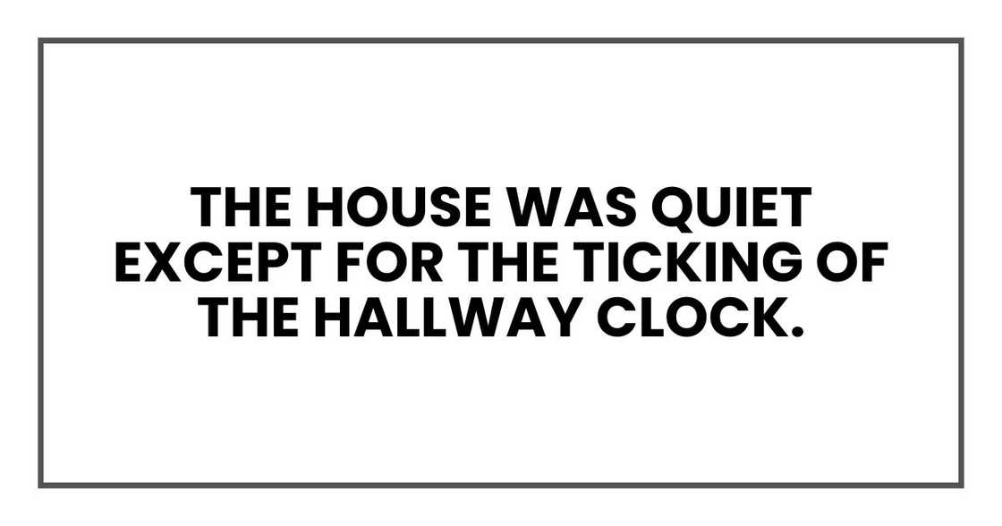 The house was quiet except for the ticking of the hallway clock. The house was quiet except for the ticking of the hallway clock.