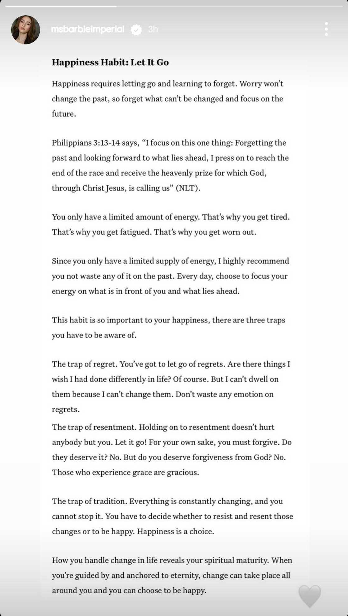 Barbie Imperial, nag-share ng meaningful post ukol sa 'happiness' at 'letting go' Barbie Imperial, nag-share ng meaningful post ukol sa 'happiness' at 'letting go'