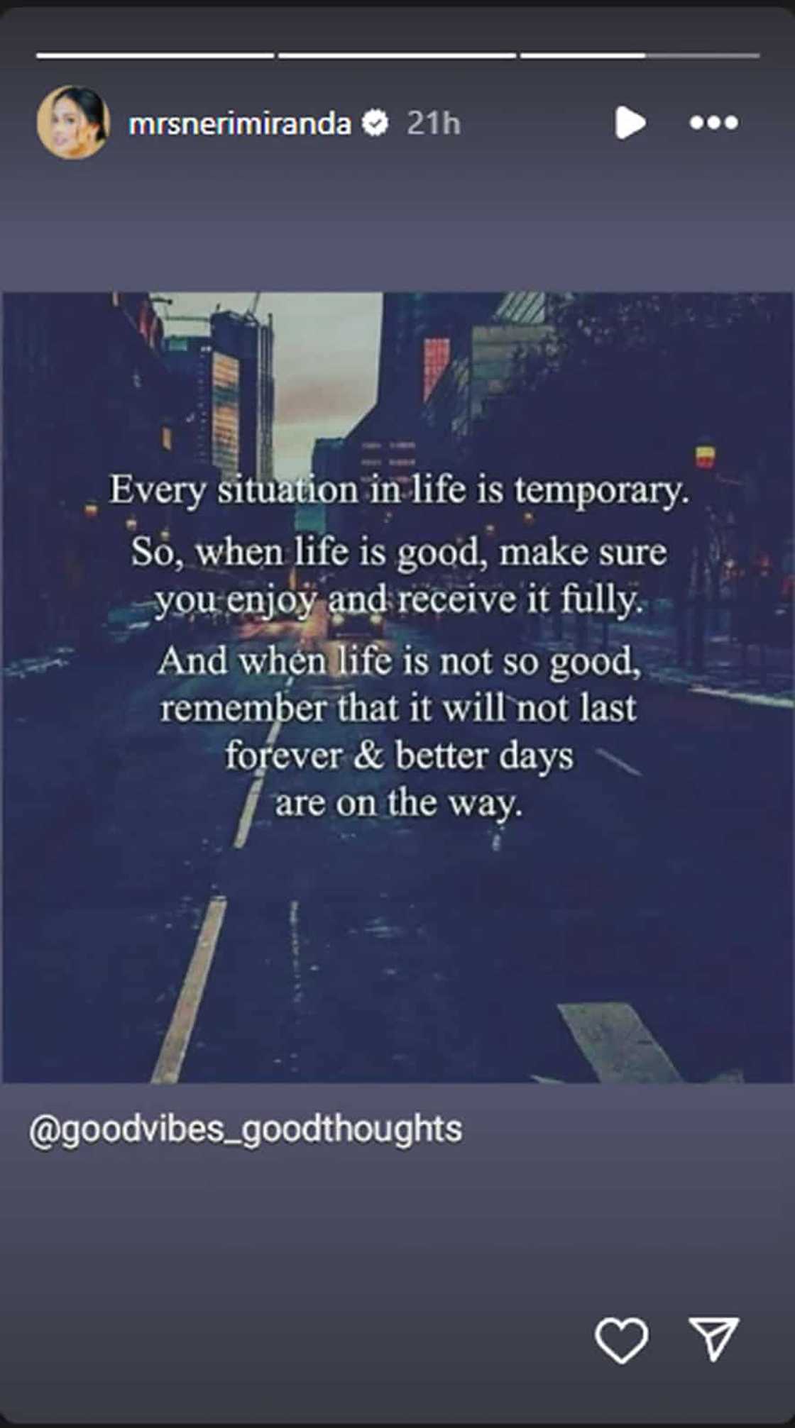 Neri Naig, shinare post ukol sa pagiging temporary ng bawat sitwasyon sa buhay: “It will not last” Neri Naig, shinare post ukol sa pagiging temporary ng bawat sitwasyon sa buhay: “It will not last”