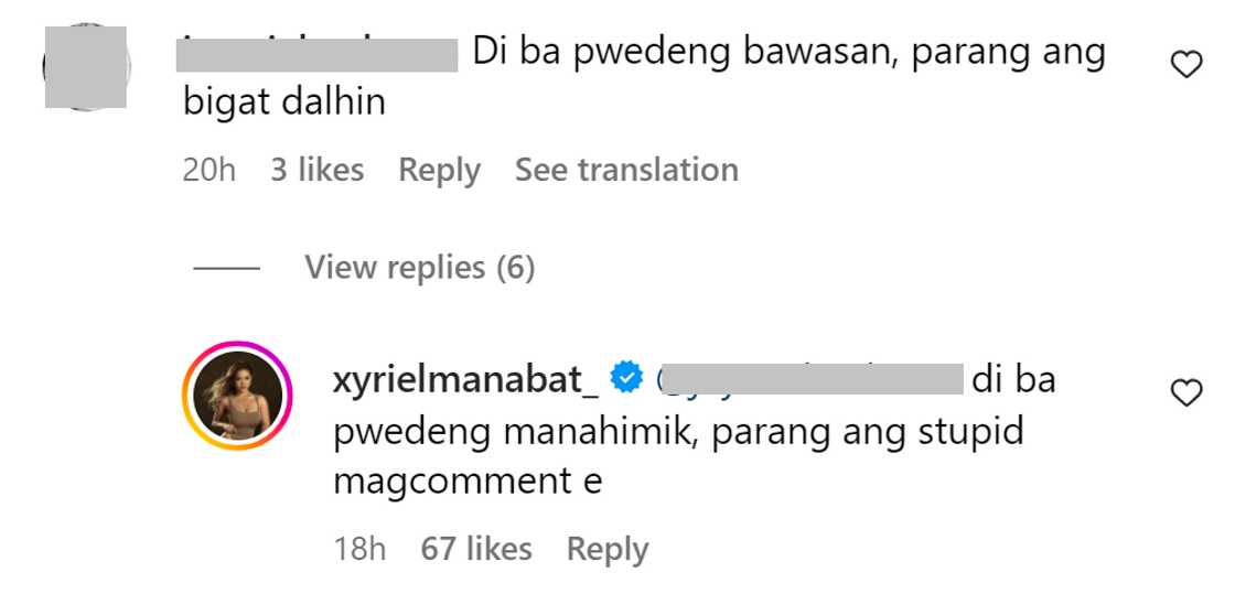 Xyriel Manabat, may prangkang reply sa "di ba pwedeng bawasan" comment