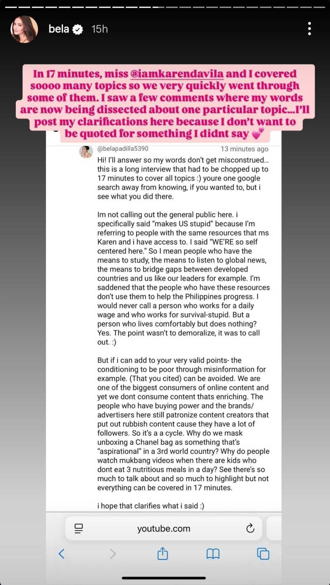 Bela Padilla clarifies her comments on 'self-centeredness' in latest online post