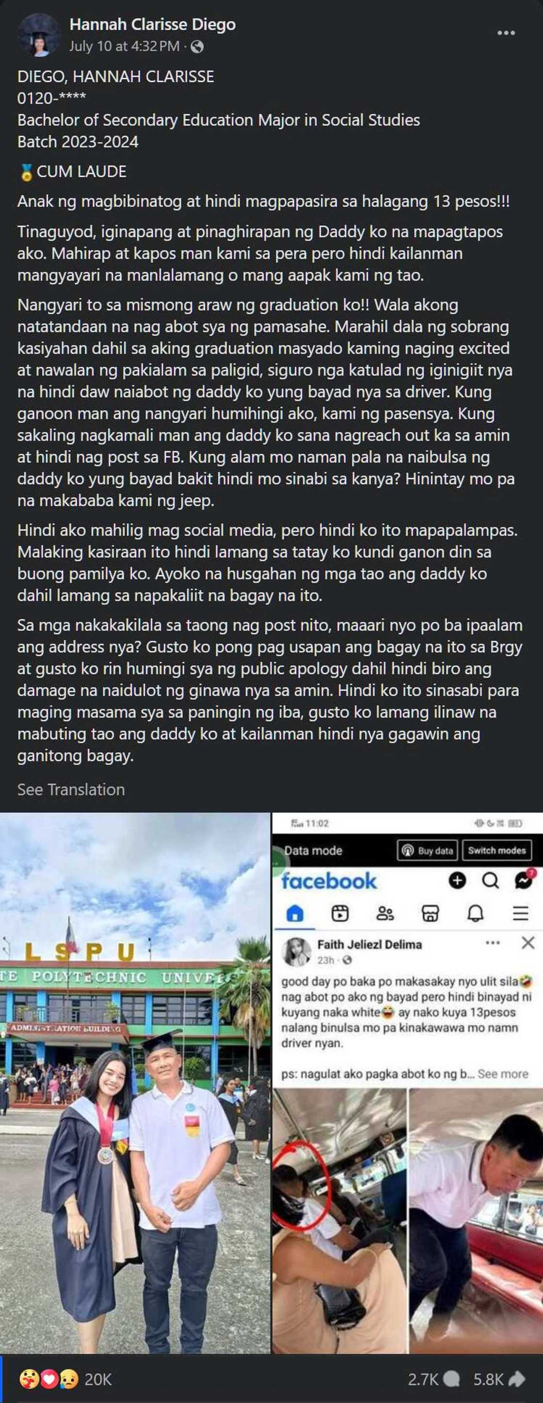 Cumlaude grad, nanlulumo sa ibinintang ng netizen na ibinulsa ng ama kanyang P13 na pamasahe