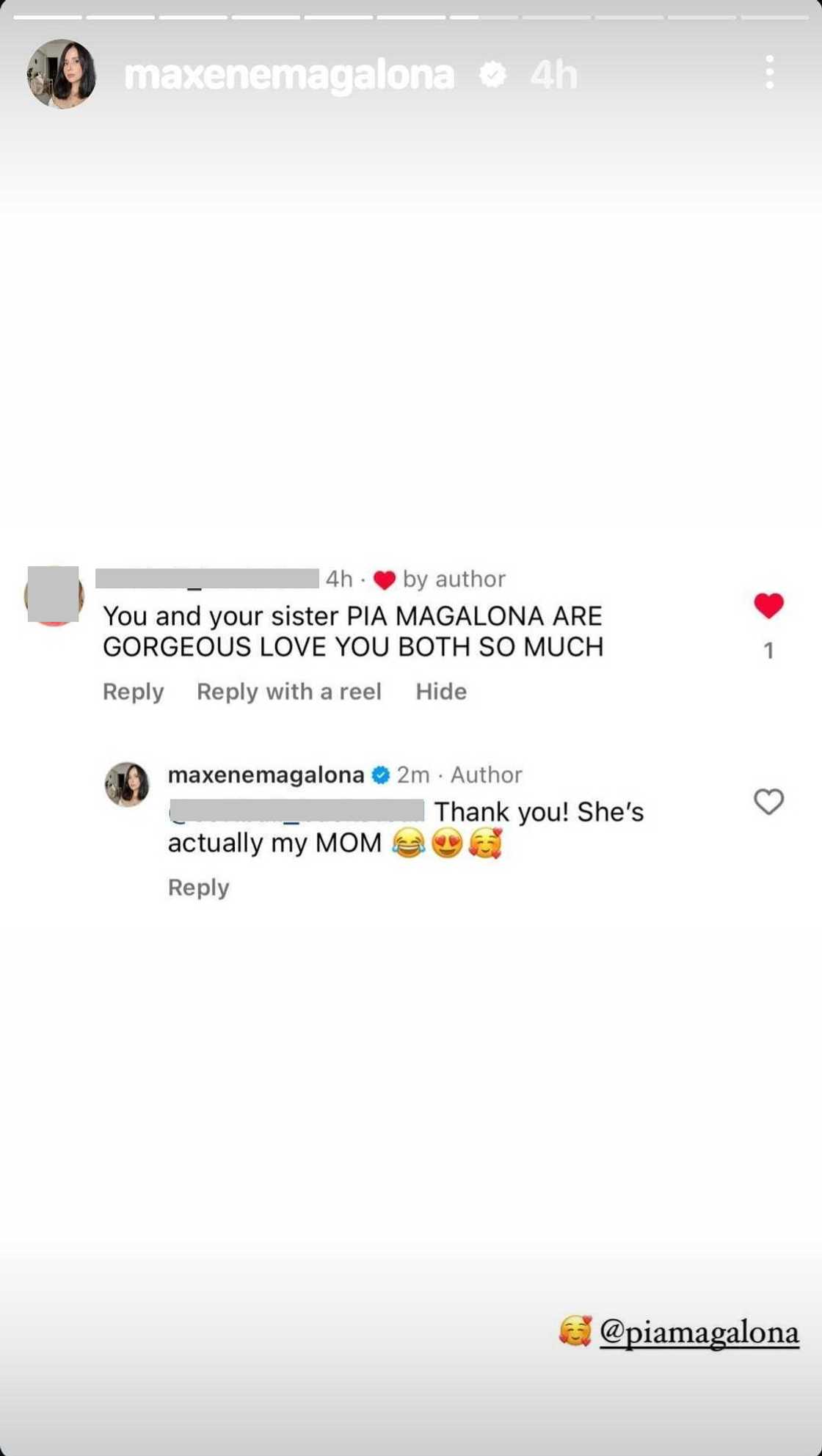 Maxene Magalona, napa-reply sa nagsabing sister niya si Pia Magalona