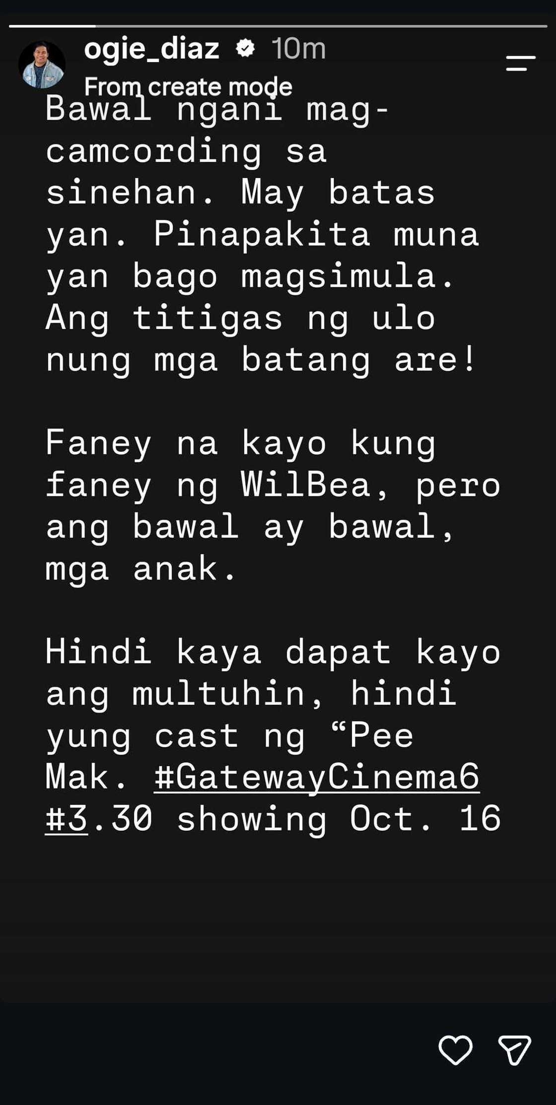 Ogie Diaz, sinita ang ilang nanood ng 'Pee Mak' dahil sa ipinagbabawal na ginawa sa sinehan Ogie Diaz, sinita ang ilang nanood ng 'Pee Mak' dahil sa ipinagbabawal na ginawa sa sinehan