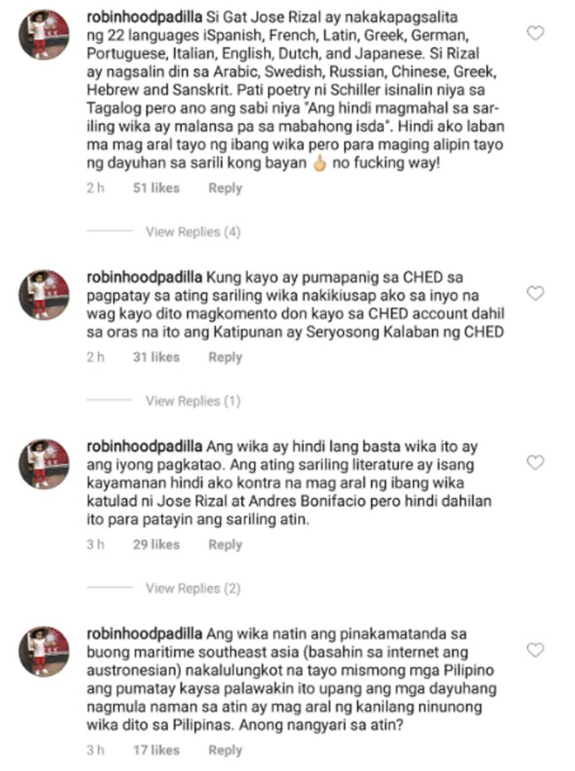 Robin Padilla, may matapang na pahayag laban sa pag alis ng wikang Filipino sa kolehiyo Robin Padilla, may matapang na pahayag laban sa pag alis ng wikang Filipino sa kolehiyo