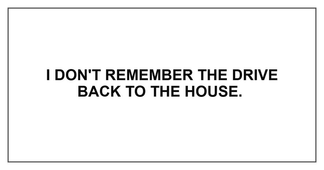 I don't remember the drive back to the house. I don't remember the drive back to the house.