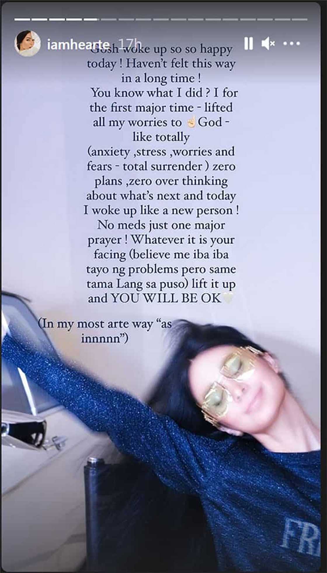 Heart Evangelista, gumising na lang daw siya isang umaga na masayang-masaya: “No meds, just one major prayer” Heart Evangelista, gumising na lang daw siya isang umaga na masayang-masaya: “No meds, just one major prayer”