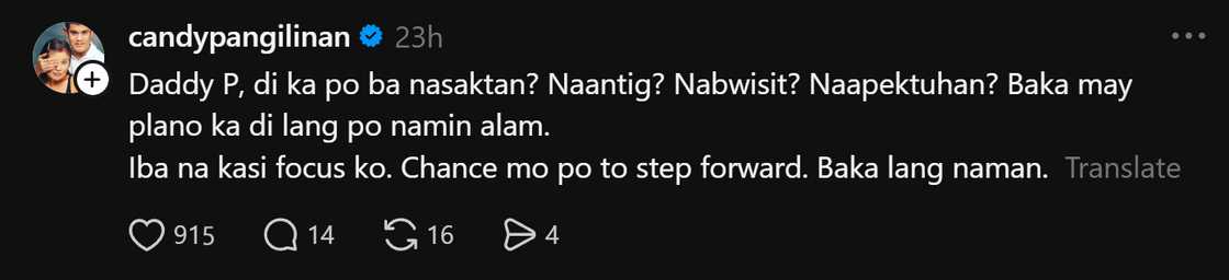 Candy Pangilinan, may mensahe para sa “Daddy P” sa bagong post Candy Pangilinan, may mensahe para sa “Daddy P” sa bagong post
