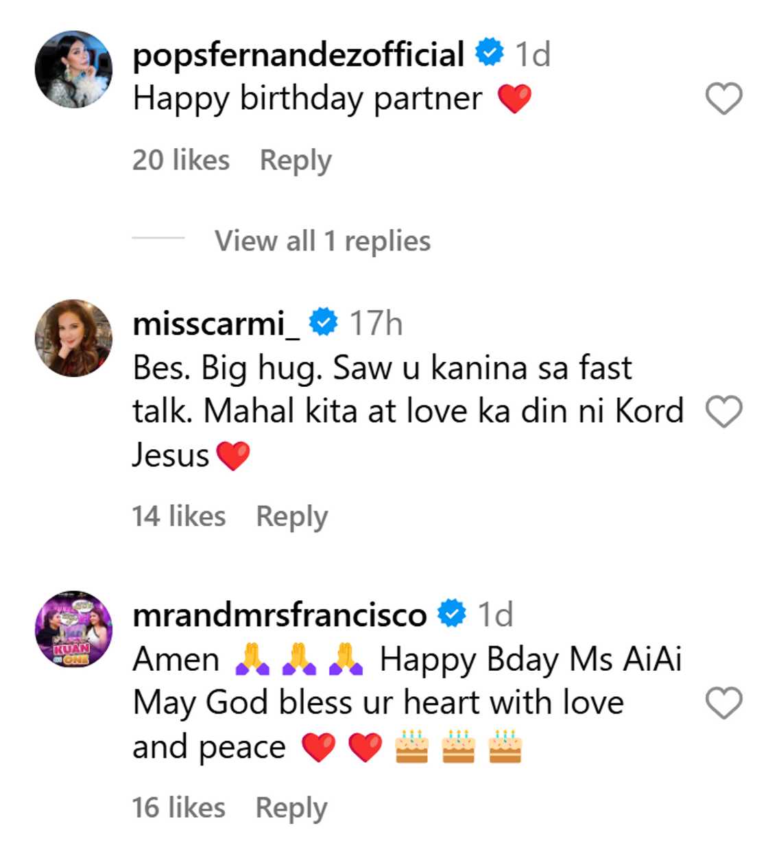 Ilang celebs, may birthday greetings kay Ai-Ai Delas Alas, nag-react sa ibinahagi niyang Bible verse Ilang celebs, may birthday greetings kay Ai-Ai Delas Alas, nag-react sa ibinahagi niyang Bible verse