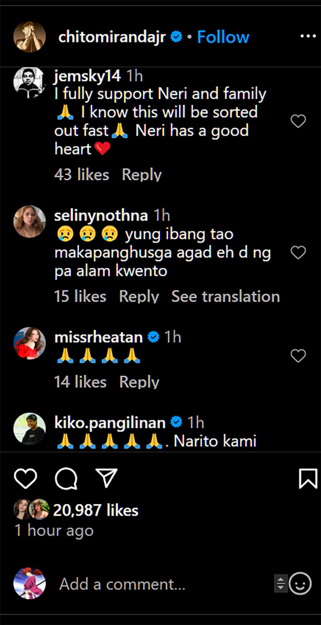 Neri, Chito Miranda, nakatanggap malawakang suporta mula netizens: “Ramdam mu na mabuting tao siya” Neri, Chito Miranda, nakatanggap malawakang suporta mula netizens: “Ramdam mu na mabuting tao siya”