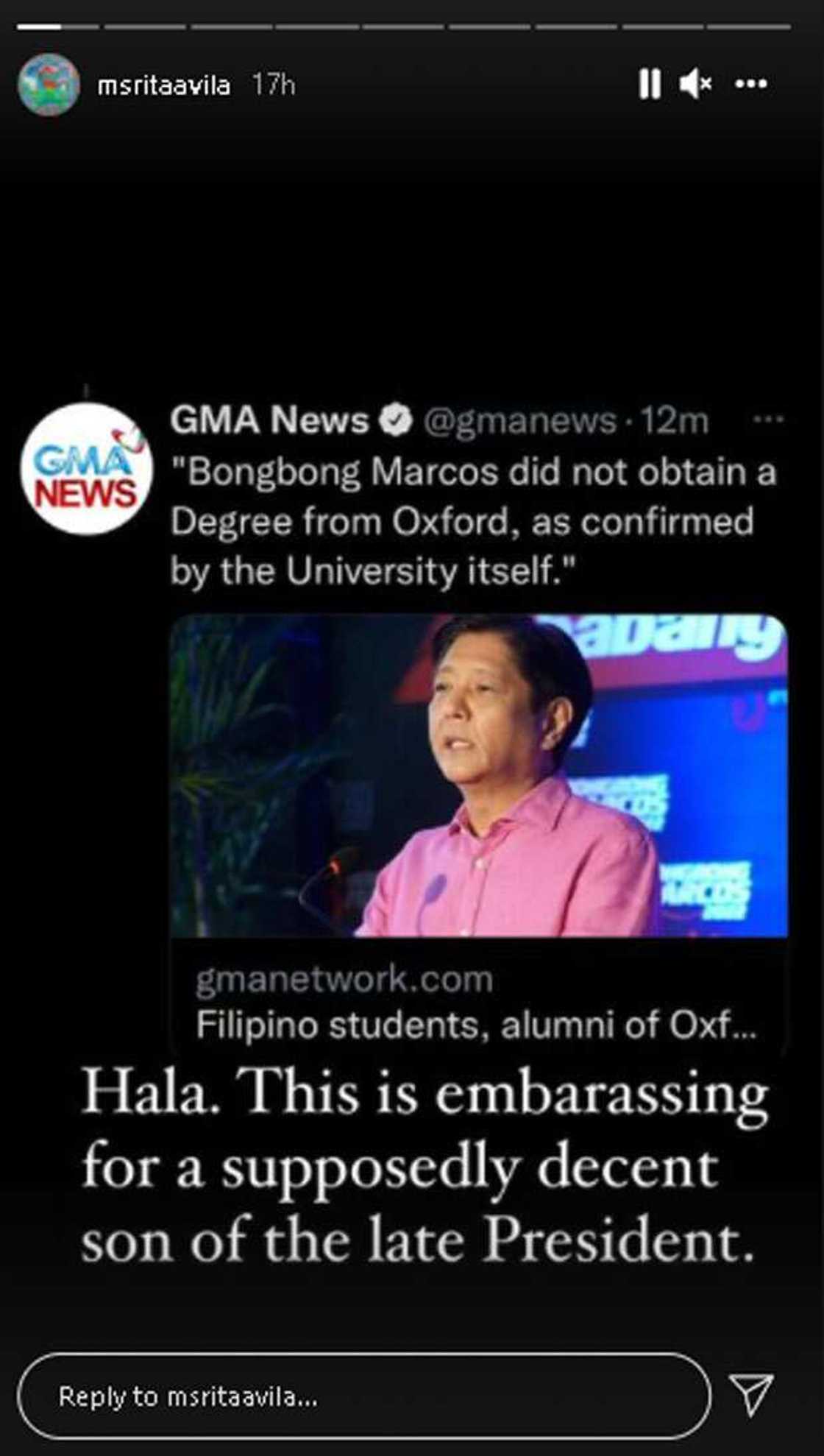 Rita Avila, "embarrassing" daw ang balitang wala umanong degree si BBM sa Oxford Rita Avila, "embarrassing" daw ang balitang wala umanong degree si BBM sa Oxford