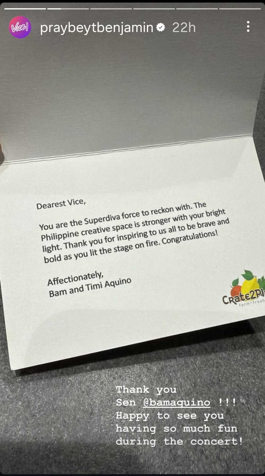 Vice Ganda receives heartfelt letter from Sen. Bam Aquino, wife Timi after ‘Super Divas’ concert