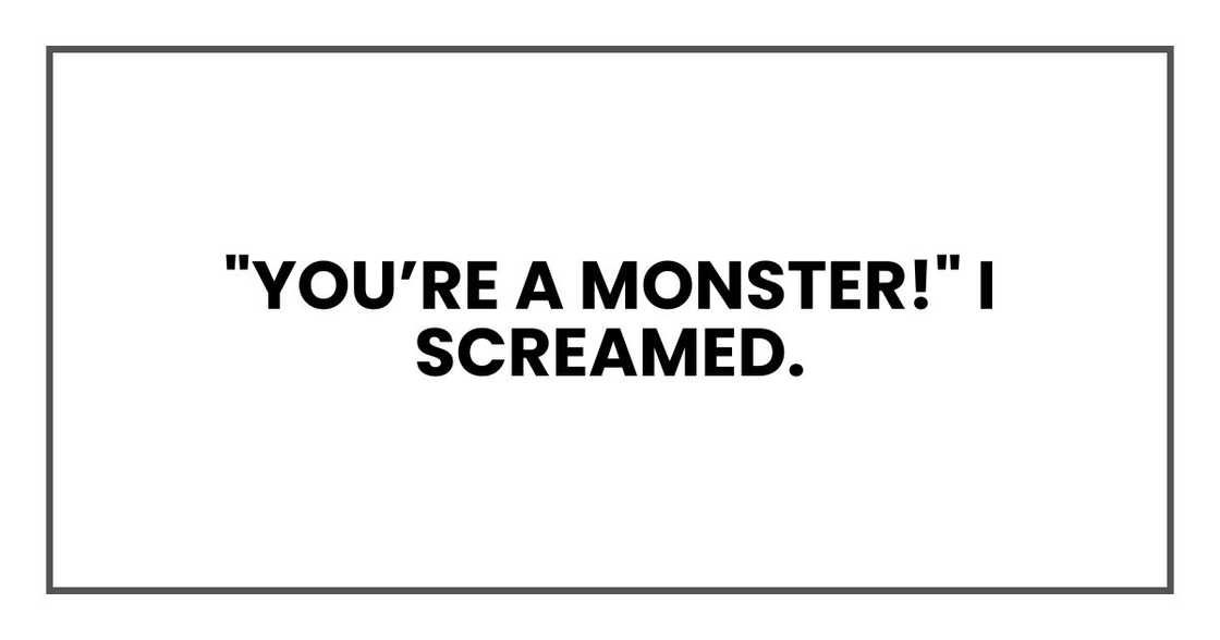 "YOU’RE A MONSTER!" I screamed. "YOU’RE A MONSTER!" I screamed.