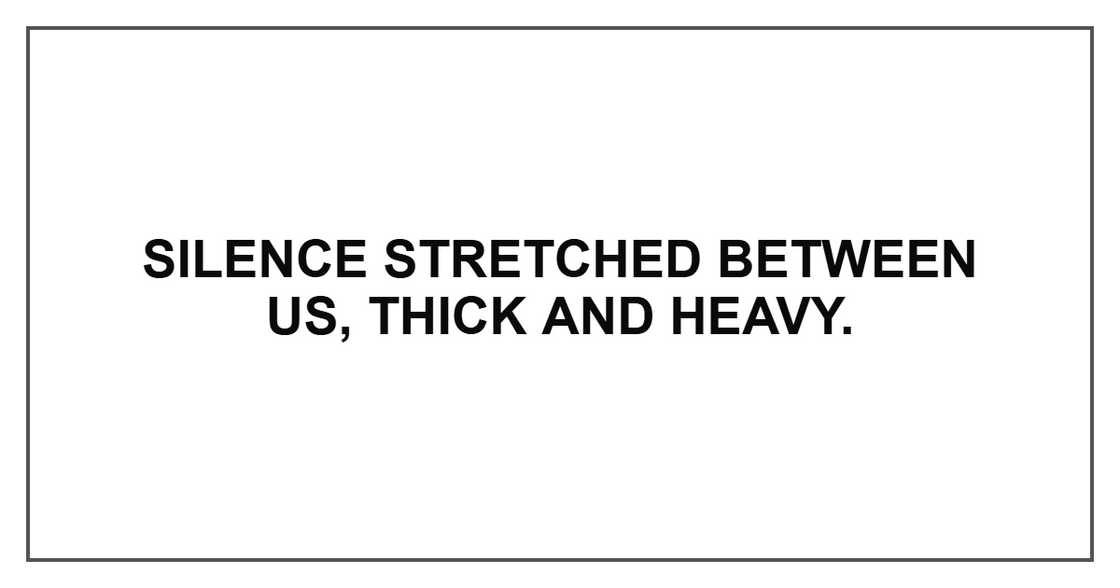 Silence stretched between us, thick and heavy. Silence stretched between us, thick and heavy.