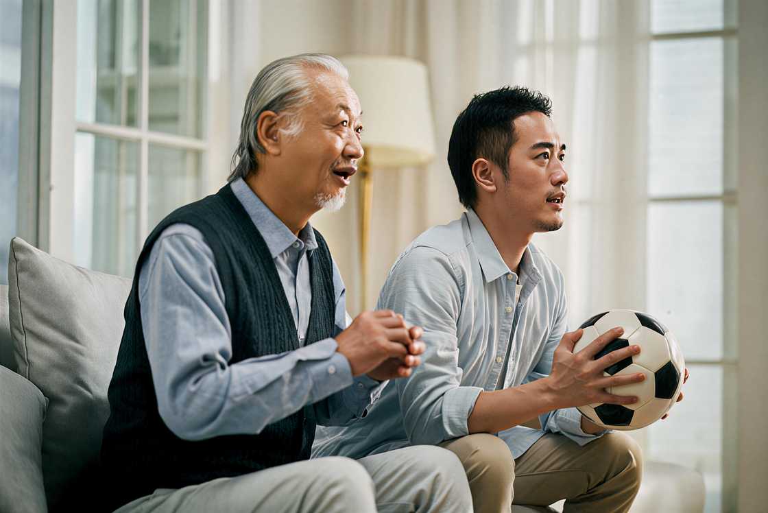 An Asian senior father and his adult son An Asian senior father and his adult son