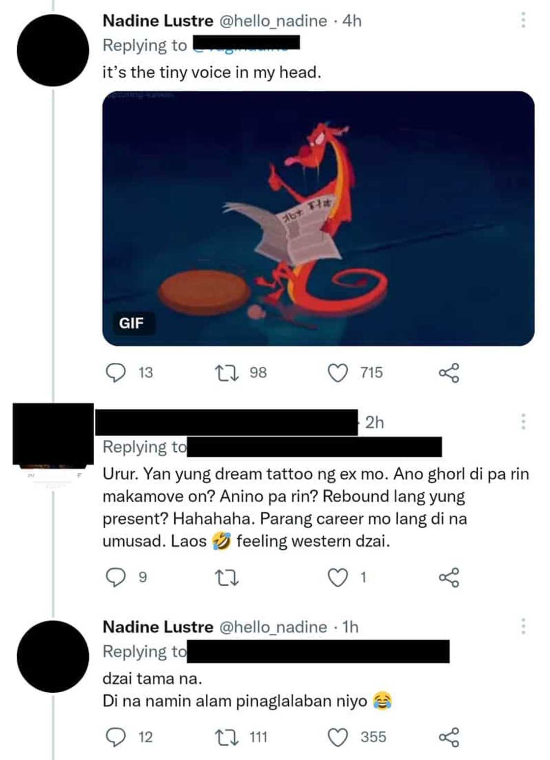 Nadine Lustre, rumesbak nang bongga sa basher na kinonek ang dragon tattoo niya sa hindi pag move on