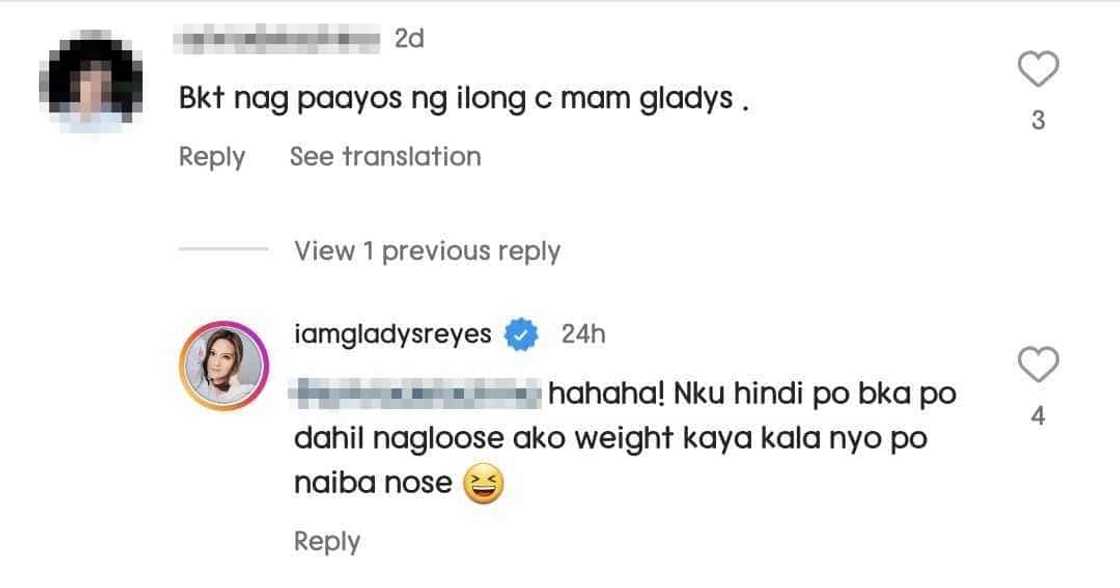 Gladys Reyes laughs off netizen's comment asking if she had a nose job Gladys Reyes laughs off netizen's comment asking if she had a nose job