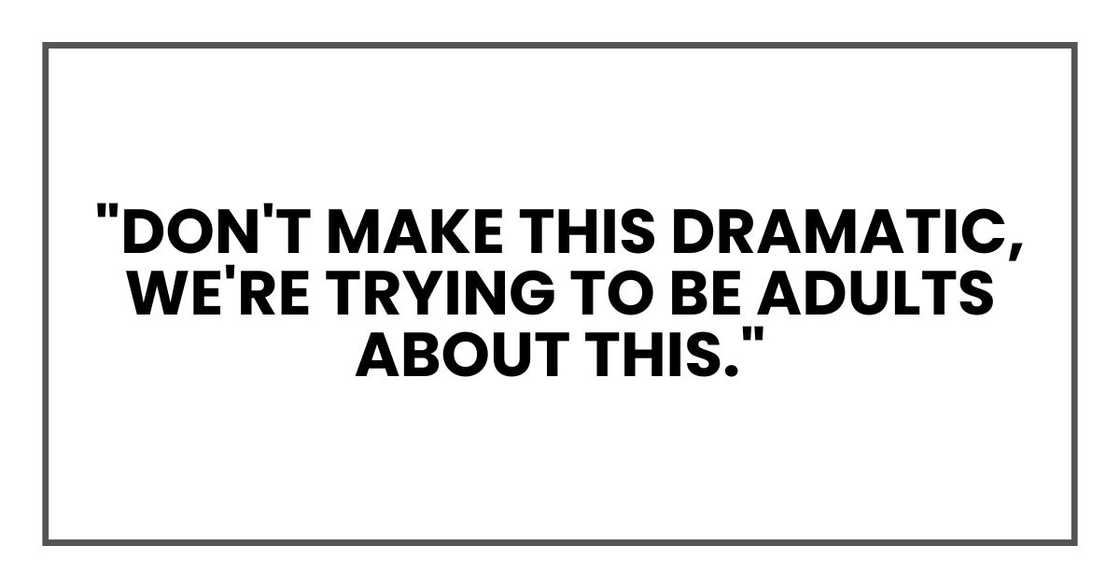 "Don't make this dramatic," Delaney said. "We're trying to be adults about this." "Don't make this dramatic," Delaney said. "We're trying to be adults about this."