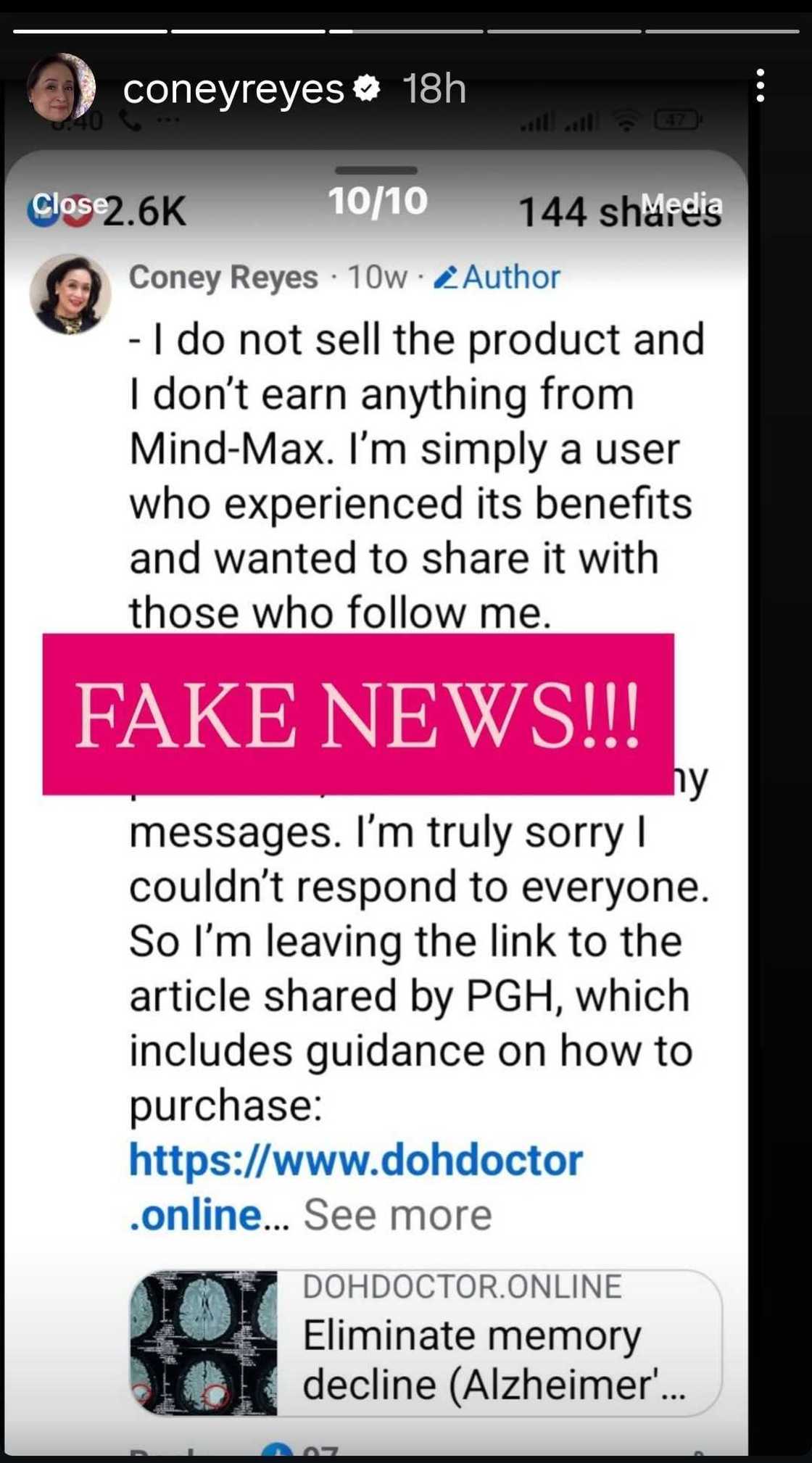 Coney Reyes warns public about fake FB account using her name featuring Alzheimer’s-related post Coney Reyes warns public about fake FB account using her name featuring Alzheimer’s-related post