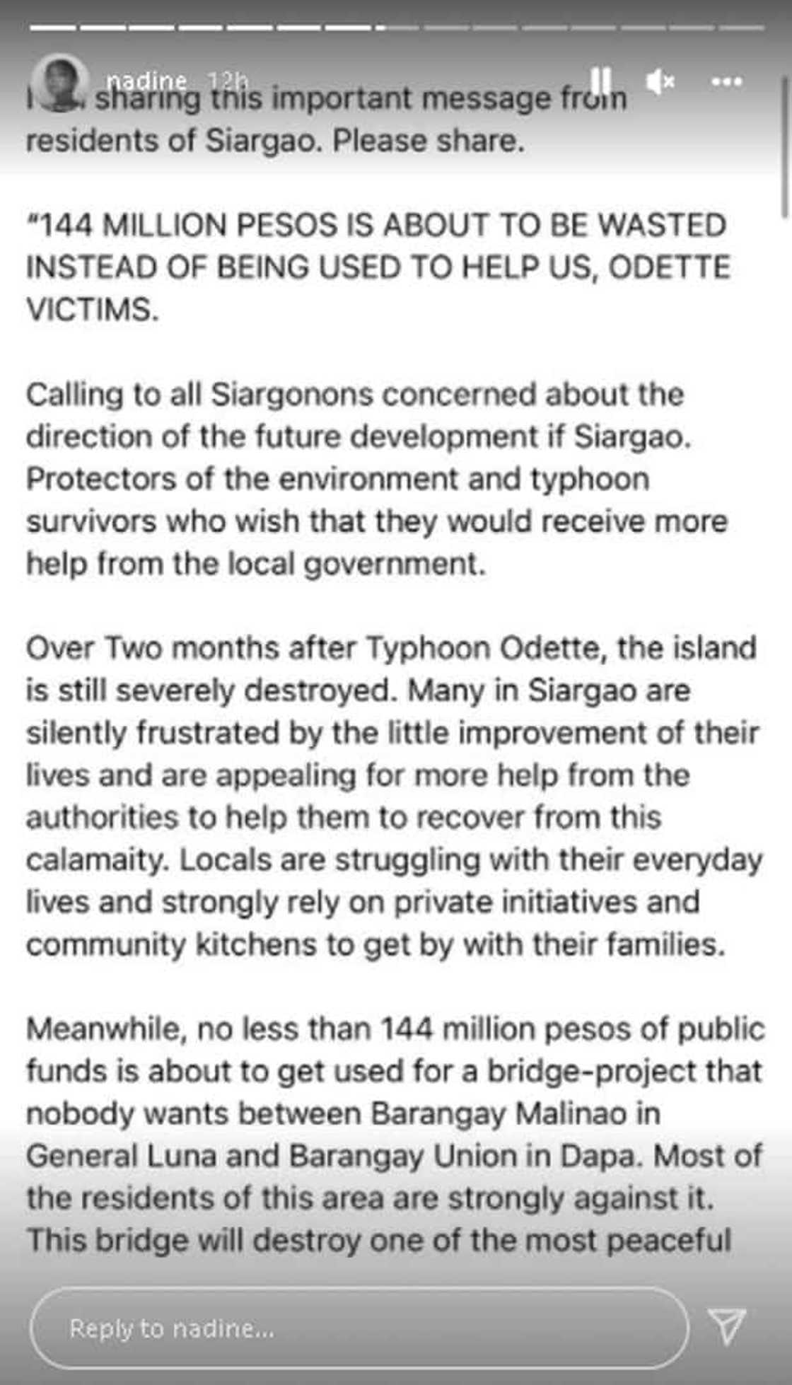 Nadine Lustre, ibinahagi umano'y pagtutol ng taga-Siargao sa pina-fast track na ipapatayong P144-Milyong tulay Nadine Lustre, ibinahagi umano'y pagtutol ng taga-Siargao sa pina-fast track na ipapatayong P144-Milyong tulay