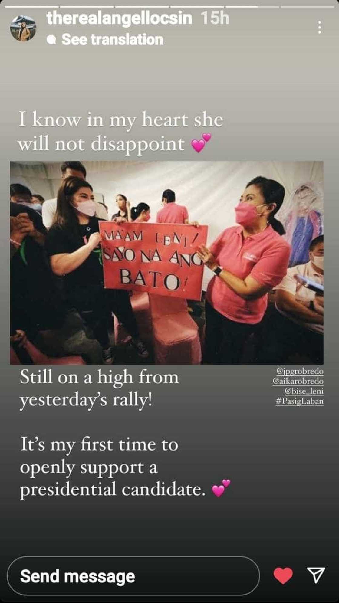 Angel Locsin on supporting Leni Robredo: “first time to openly support a presidential candidate” Angel Locsin on supporting Leni Robredo: “first time to openly support a presidential candidate”