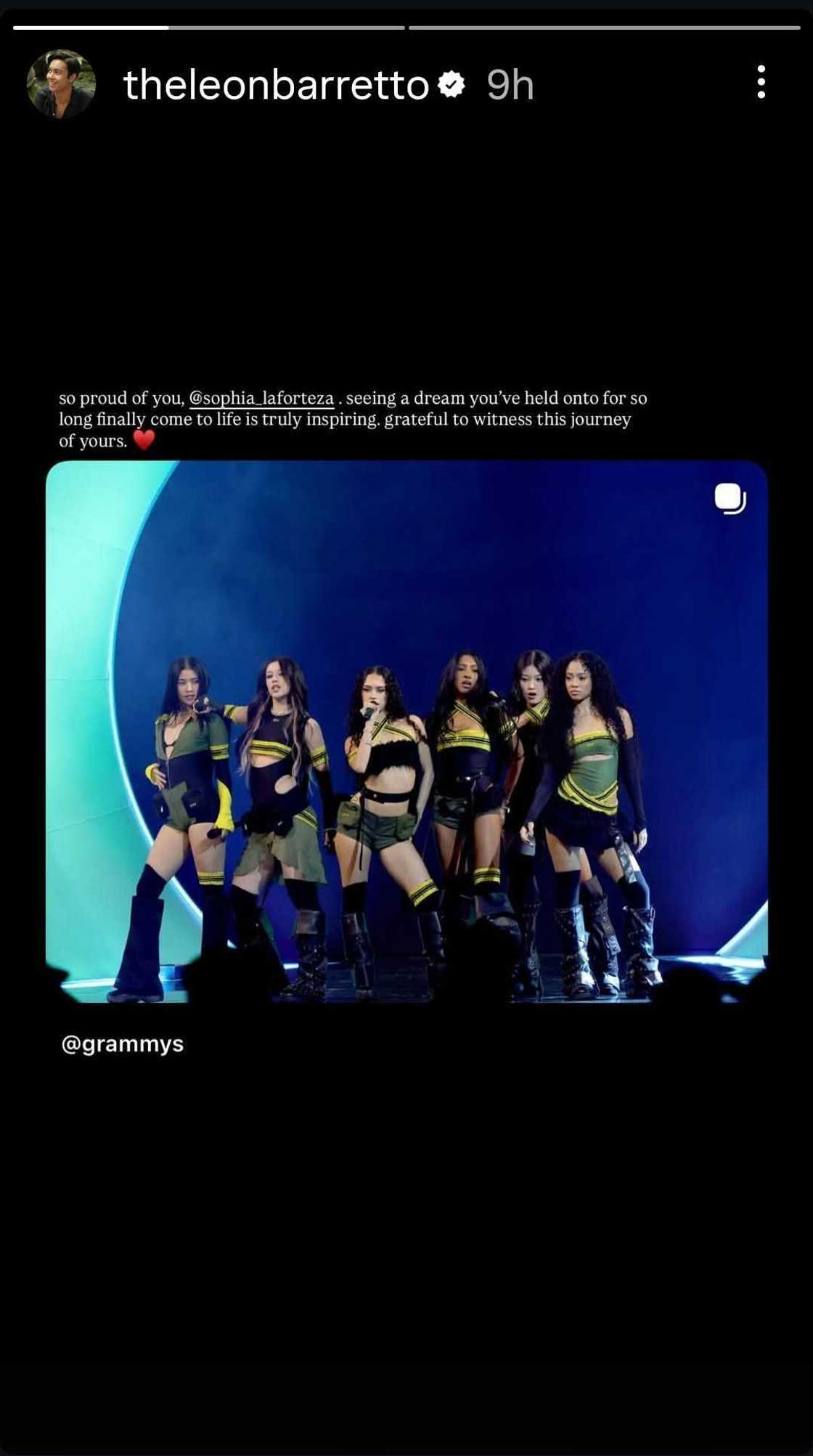 Leon Barretto celebrates Sophia Laforteza as Katseye performs at 2026 Grammys