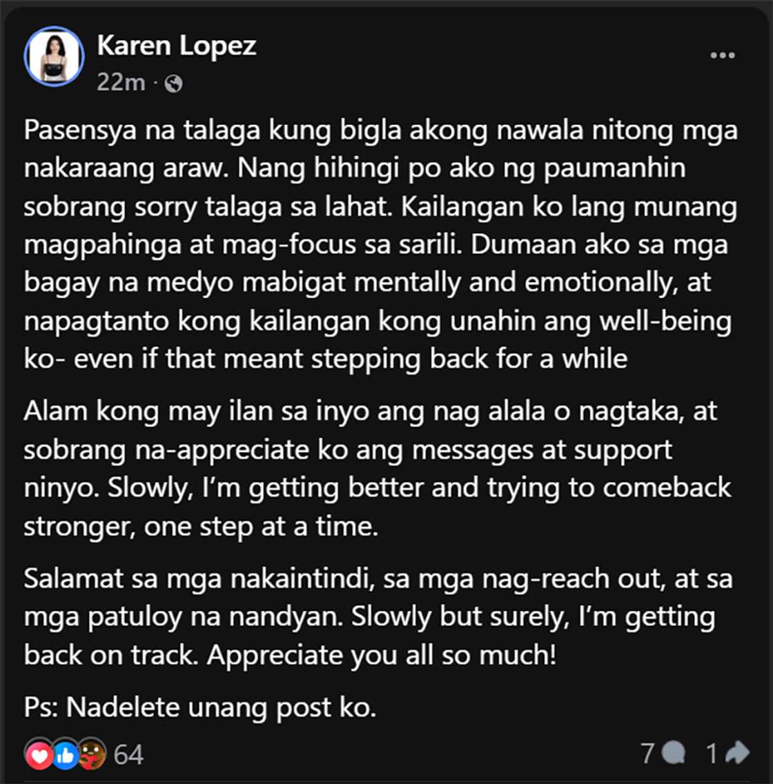 Vivamax star Karen Lopez, nag-post ng paliwanag ukol sa kanyang biglaang pagkawala Vivamax star Karen Lopez, nag-post ng paliwanag ukol sa kanyang biglaang pagkawala