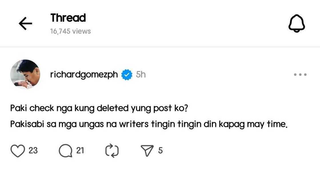 Richard Gomez, may mensahe sa mga writers sa gitna ng EDSA post issue Richard Gomez, may mensahe sa mga writers sa gitna ng EDSA post issue