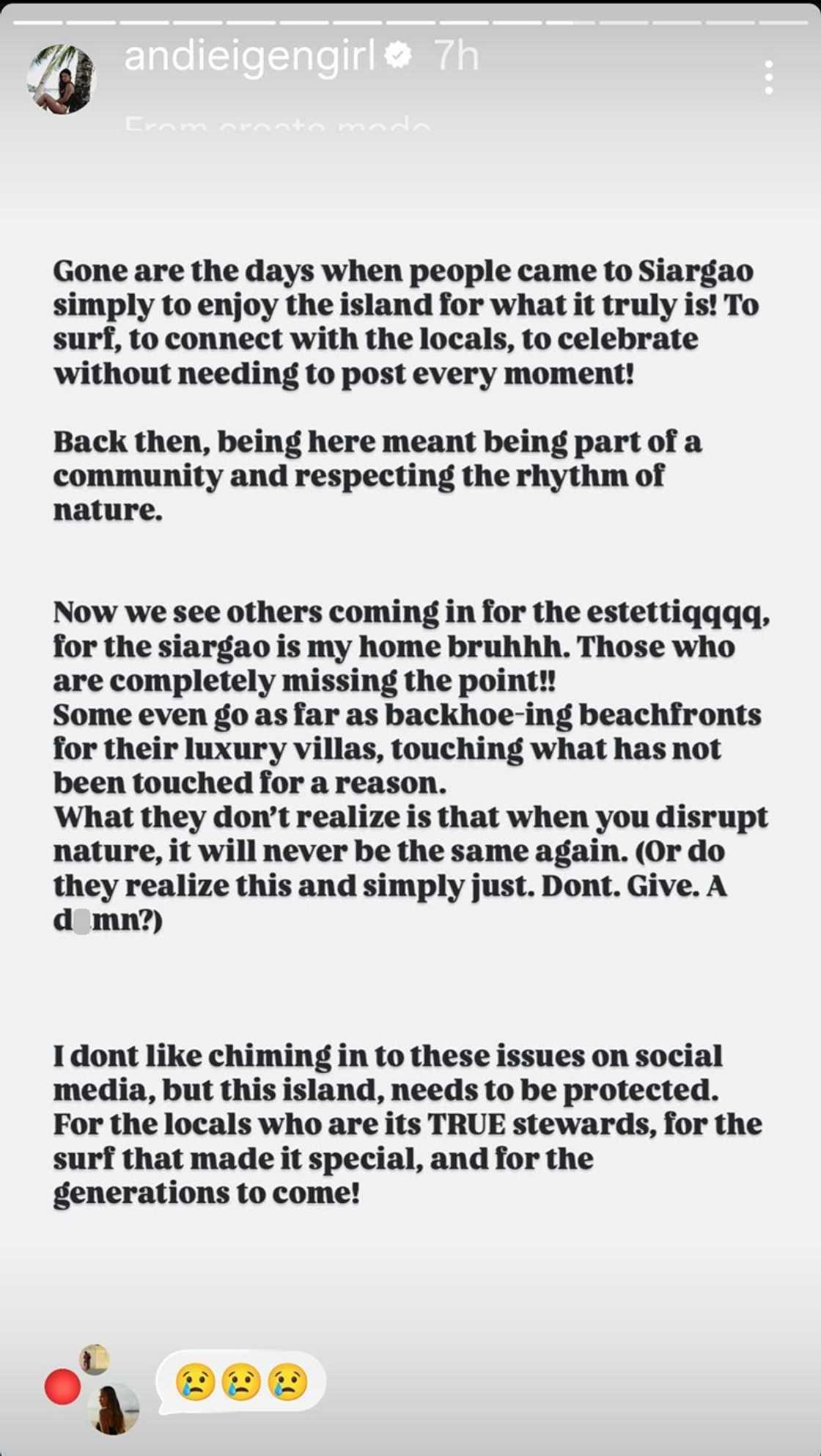 Andi Eigenmann calls for protection of Siargao amid tourism and development concerns Andi Eigenmann calls for protection of Siargao amid tourism and development concerns