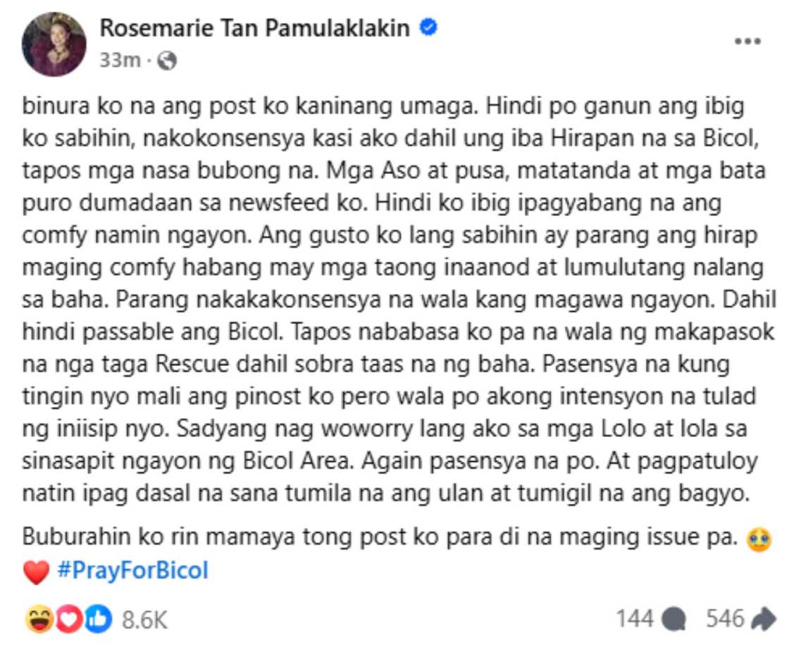 Rosmar Tan, nagpaliwanag ukol sa kontrobersiyal niyang post sa Bagyong Kristine