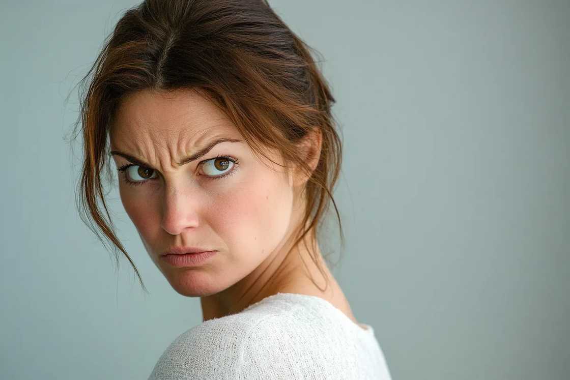 A frowning woman looking over her shoulder A frowning woman looking over her shoulder