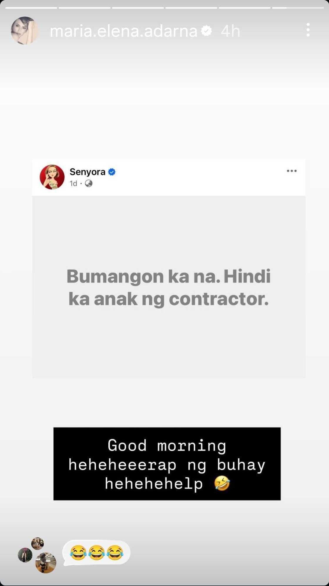Ellen Adarna reacts to Senyora's post about "anak ng contractor" Ellen Adarna reacts to Senyora's post about "anak ng contractor"