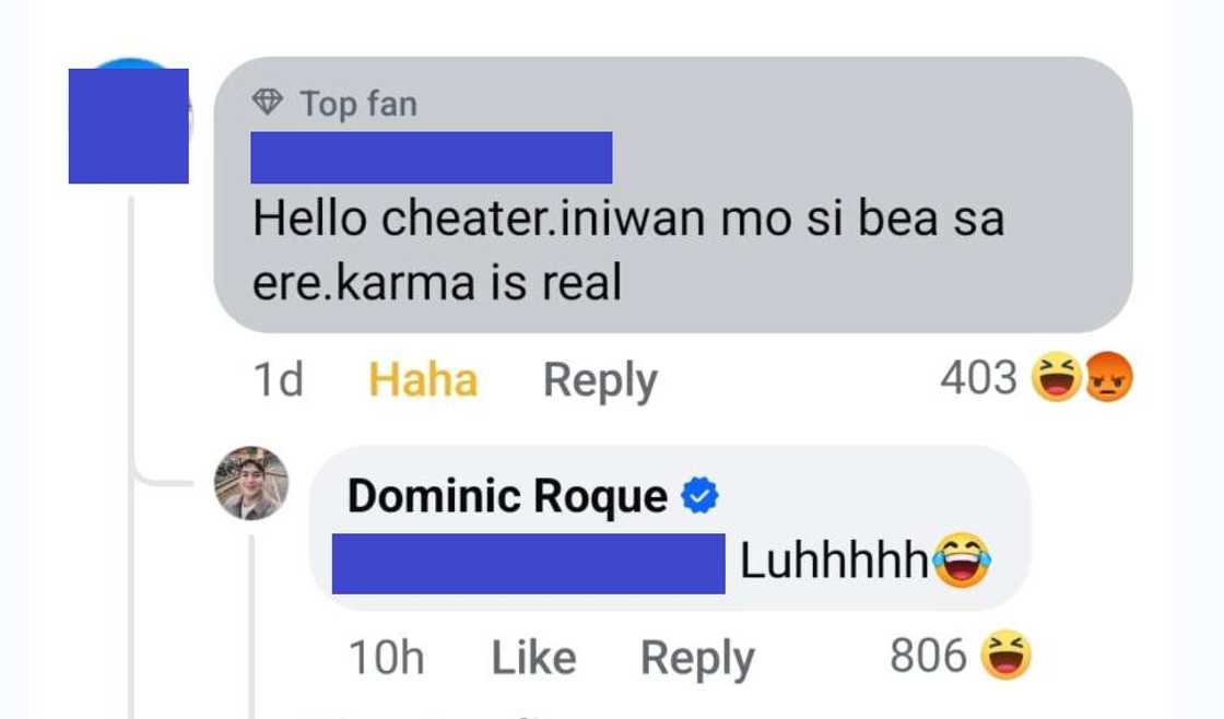 Dominic Roque, sumagot sa komentong iniwan niya sa ere si Bea Alonzo