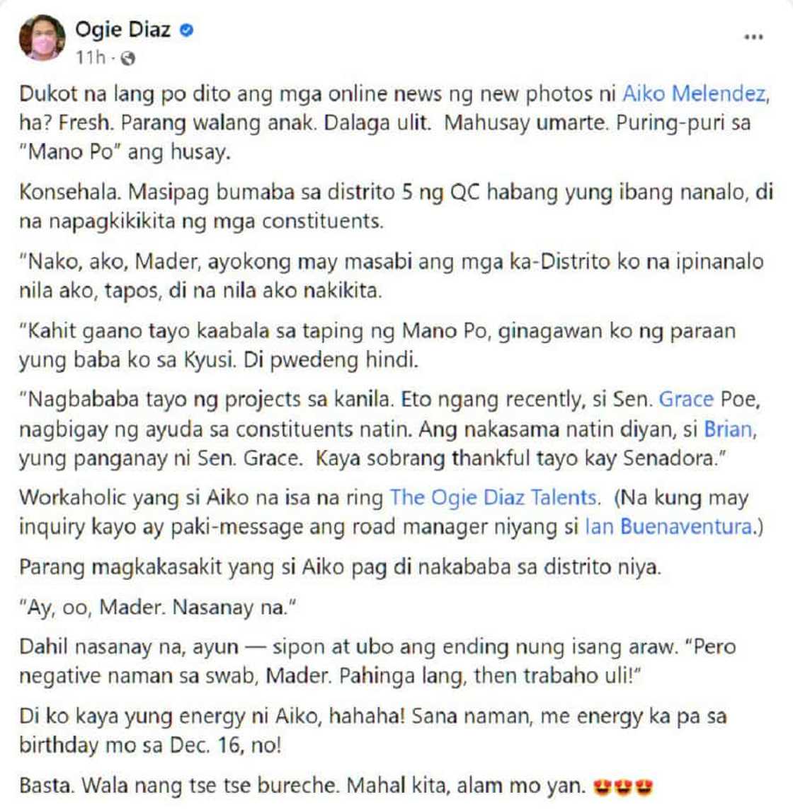 Aiko Melendez, masipag umano bumisita sa distrito sa QC, ani Ogie Diaz: “Nagbababa tayo ng projects sa kanila” Aiko Melendez, masipag umano bumisita sa distrito sa QC, ani Ogie Diaz: “Nagbababa tayo ng projects sa kanila”