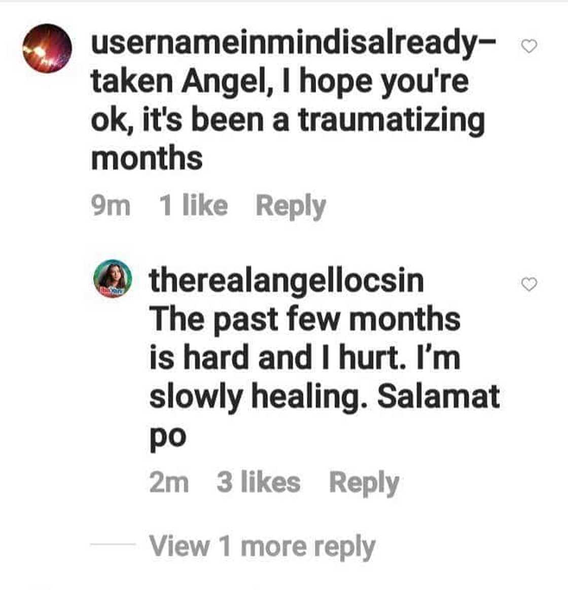 Angel Locsin tells fan she’s slowly healing after “traumatizing months” Angel Locsin tells fan she’s slowly healing after “traumatizing months”