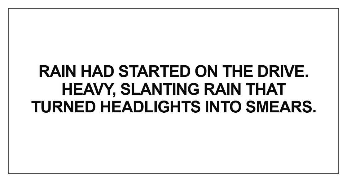 Rain had started on the drive. Heavy, slanting rain that turned headlights into smears. Rain had started on the drive. Heavy, slanting rain that turned headlights into smears.
