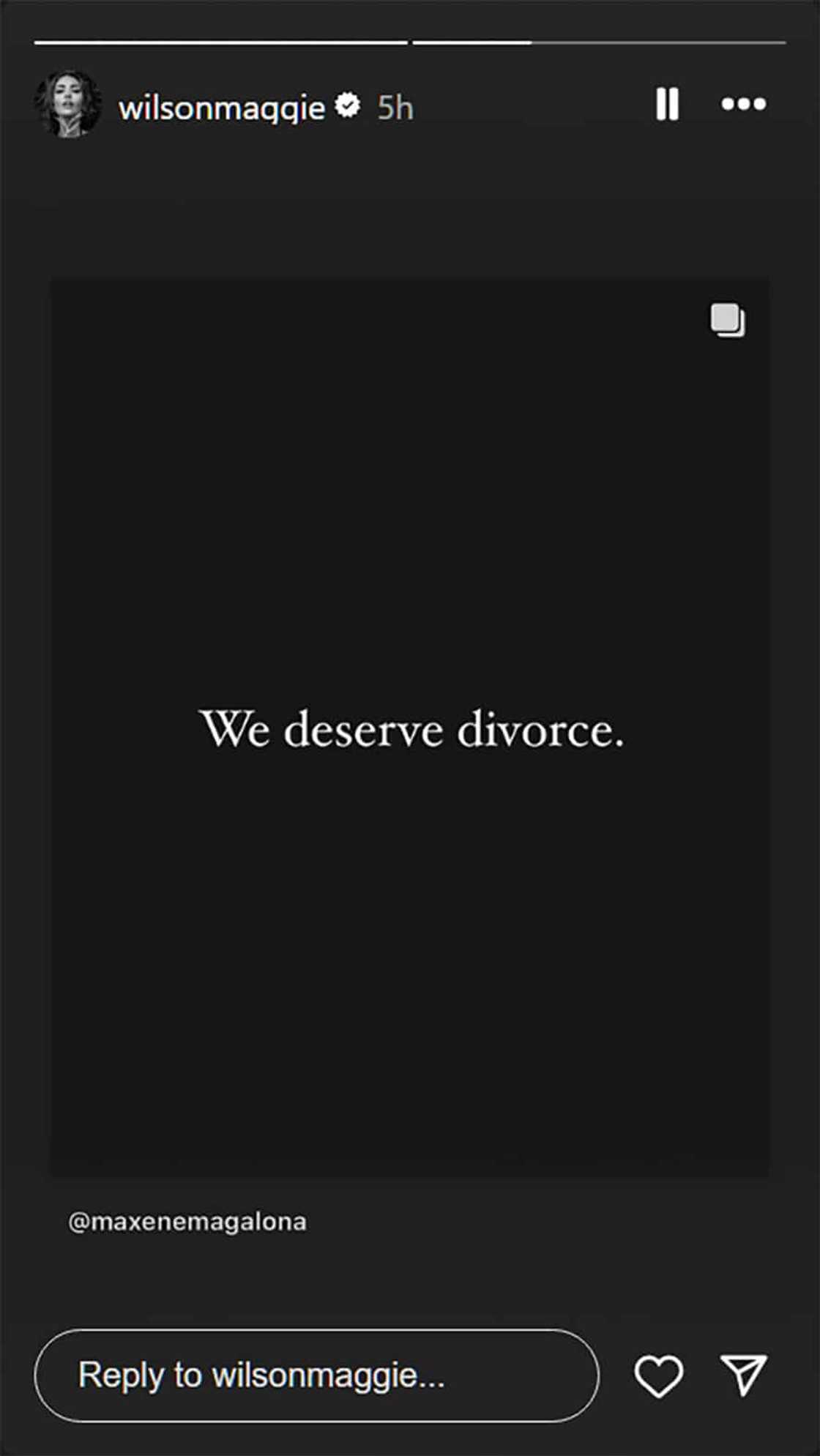 Maggie Wilson shinare ang “we deserve divorce” post ni Maxene Magalona Maggie Wilson shinare ang “we deserve divorce” post ni Maxene Magalona