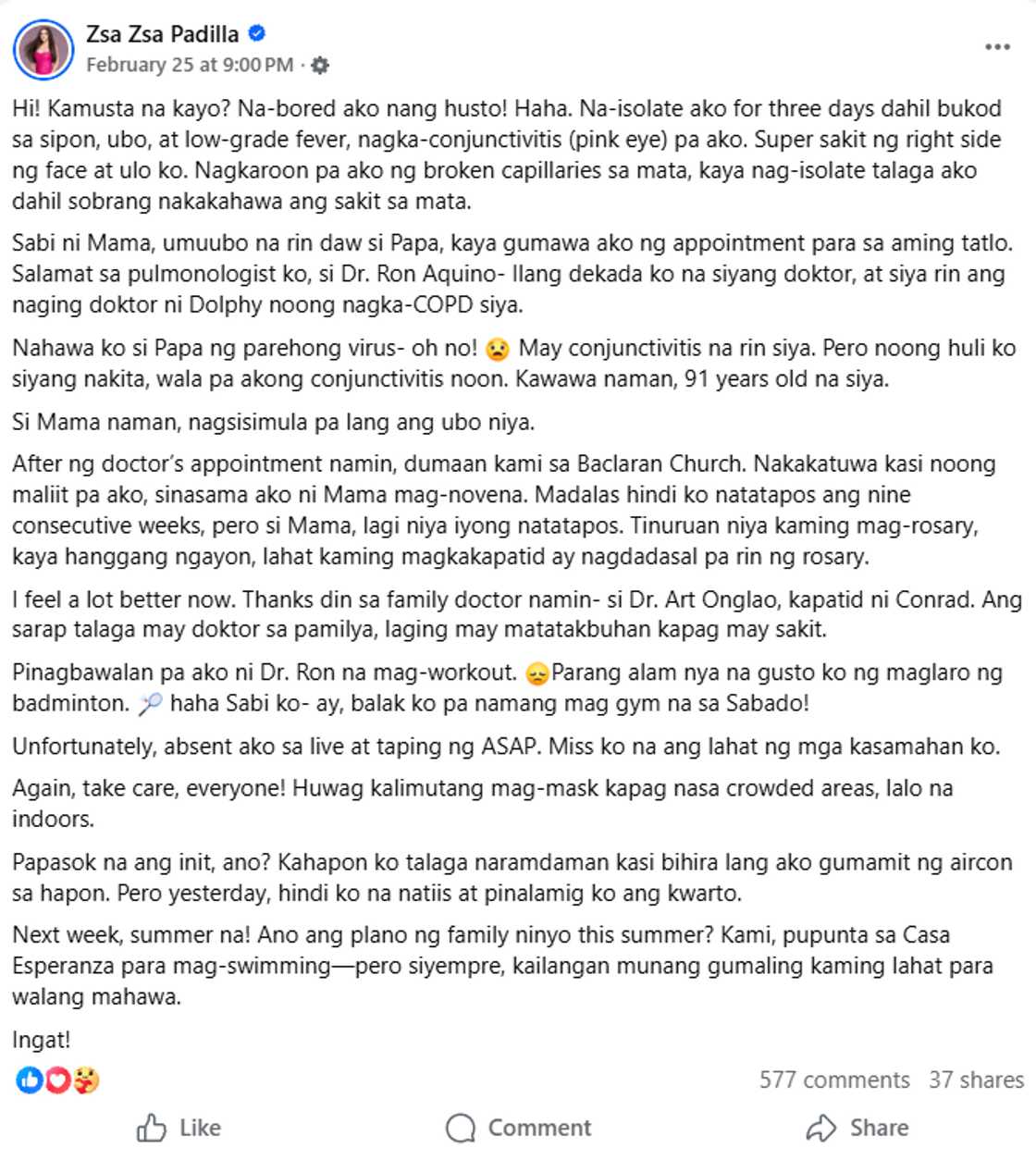 Screenshot from Zsa Zsa Padilla's post