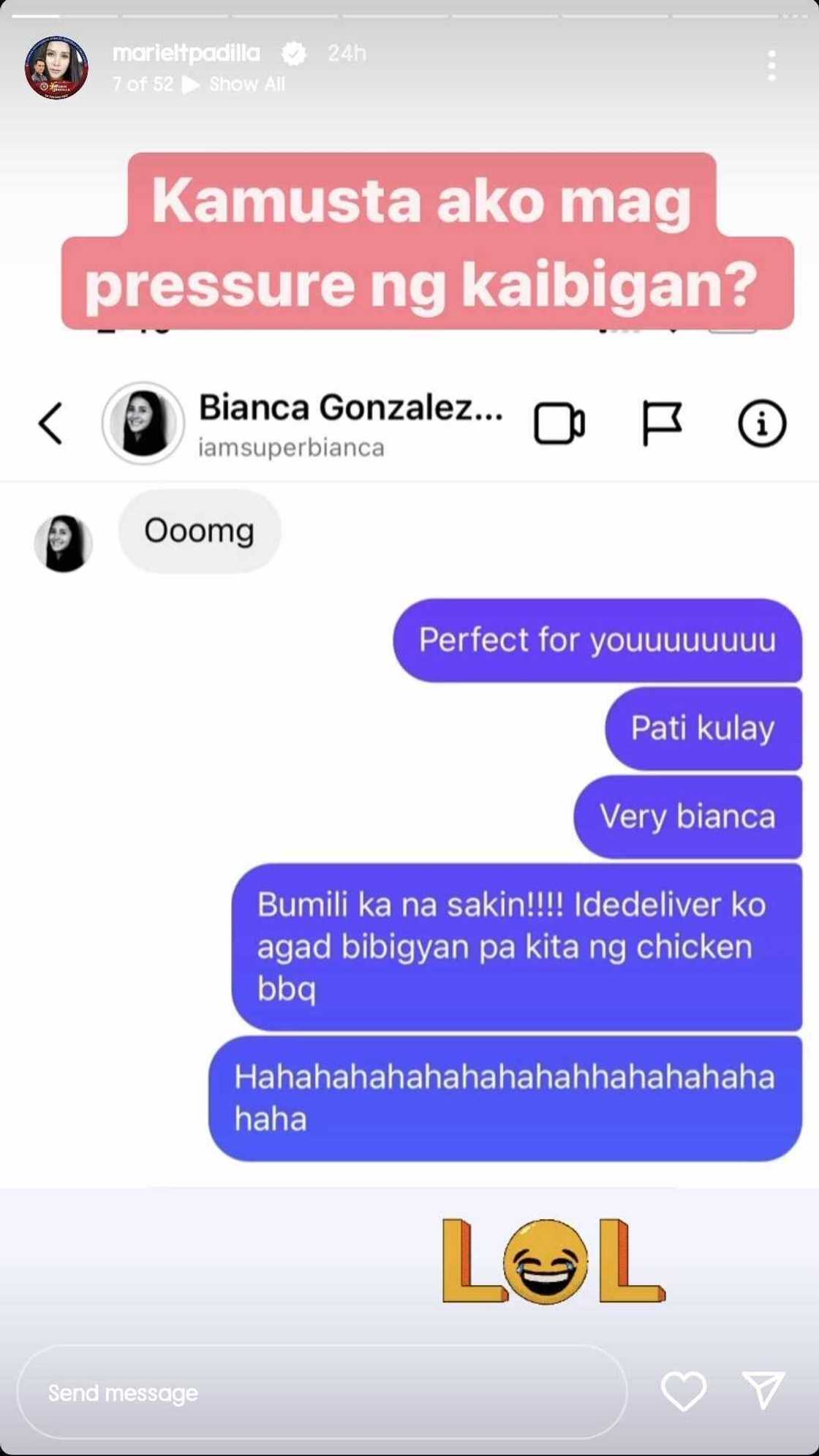 Mariel Padilla, ipinakita ang pag-pressure niya kay Bianca Gonzalez sa chat