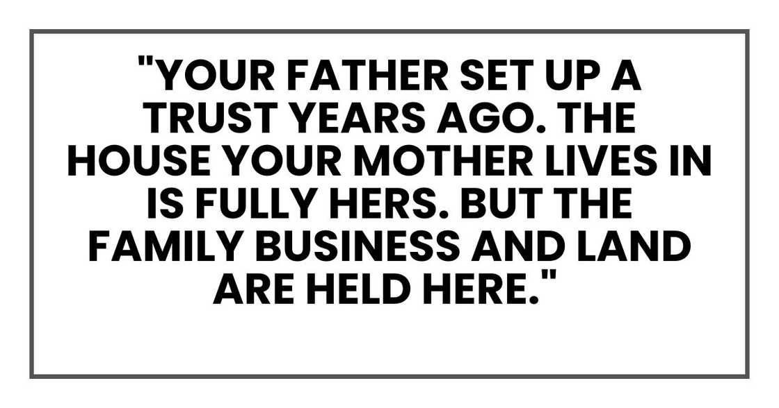 "Your father set up a trust years ago. The house your mother lives in is fully hers. But the family business and land, including that vineyard, are held here.