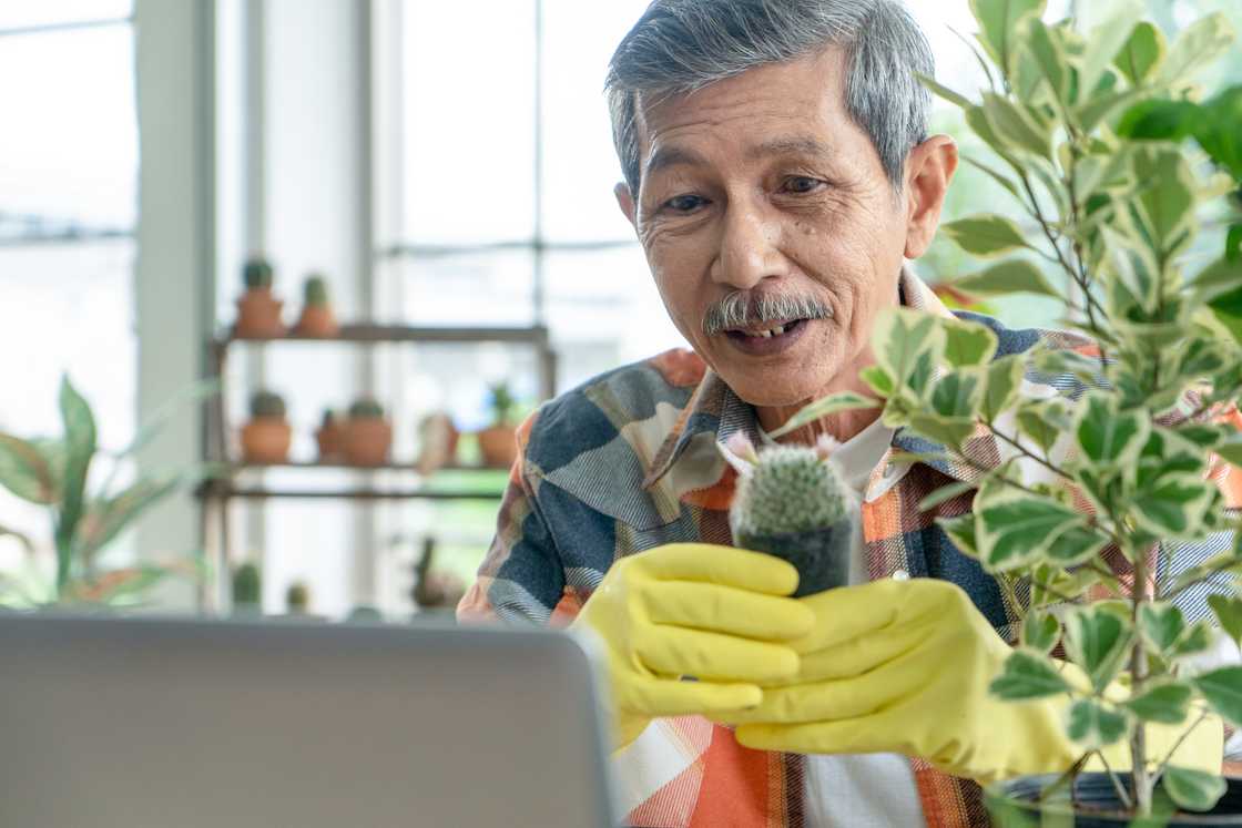 Senior man watering his garden