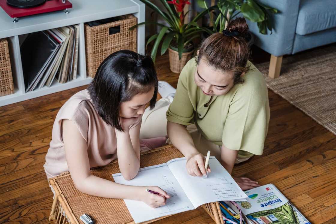 A mother helping her young daughter with homework. A mother helping her young daughter with homework.