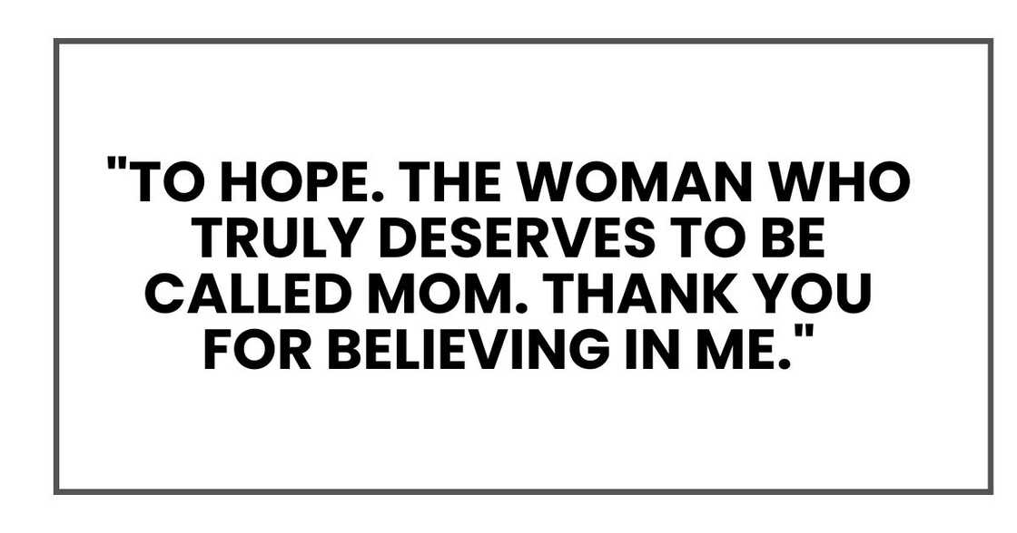 "To Hope," he said. "The woman who truly deserves to be called Mom. Thank you for believing in me." "To Hope," he said. "The woman who truly deserves to be called Mom. Thank you for believing in me."