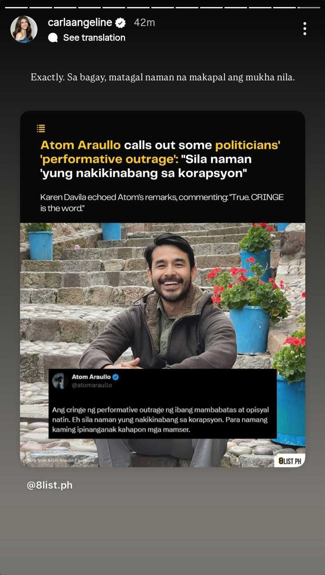 Carla Abellana reposts and reacts to Atom Araullo's tweet about "performative outrage" Carla Abellana reposts and reacts to Atom Araullo's tweet about "performative outrage"