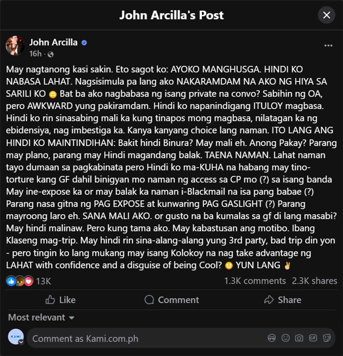 John Arcilla, nagbigay ng opinyon ukol s pagbabasa ng private convo