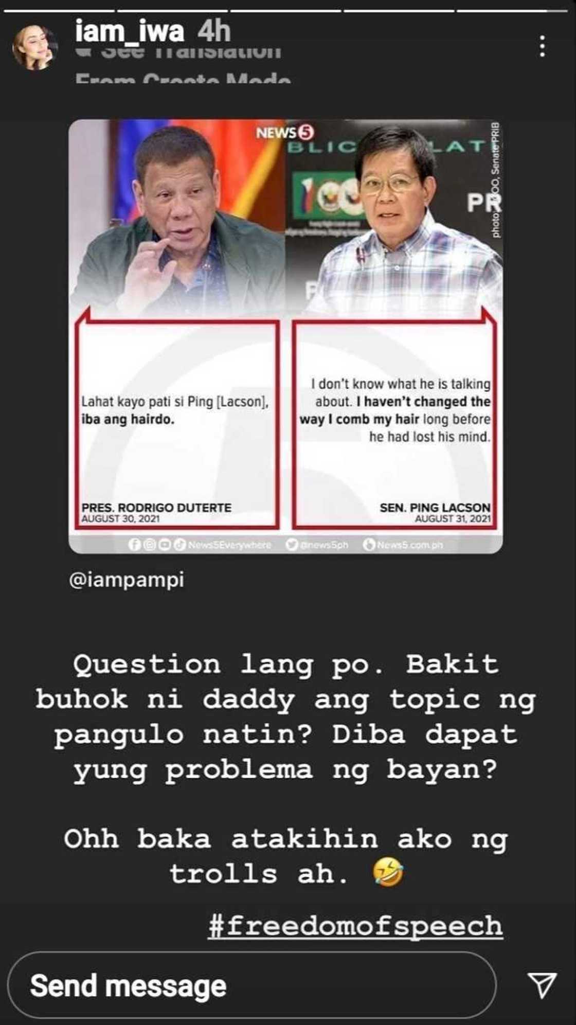 Iwa Moto, kinuwestiyon ang pagpuna ni Pres. Duterte sa buhok ni Ping Lacson Iwa Moto, kinuwestiyon ang pagpuna ni Pres. Duterte sa buhok ni Ping Lacson