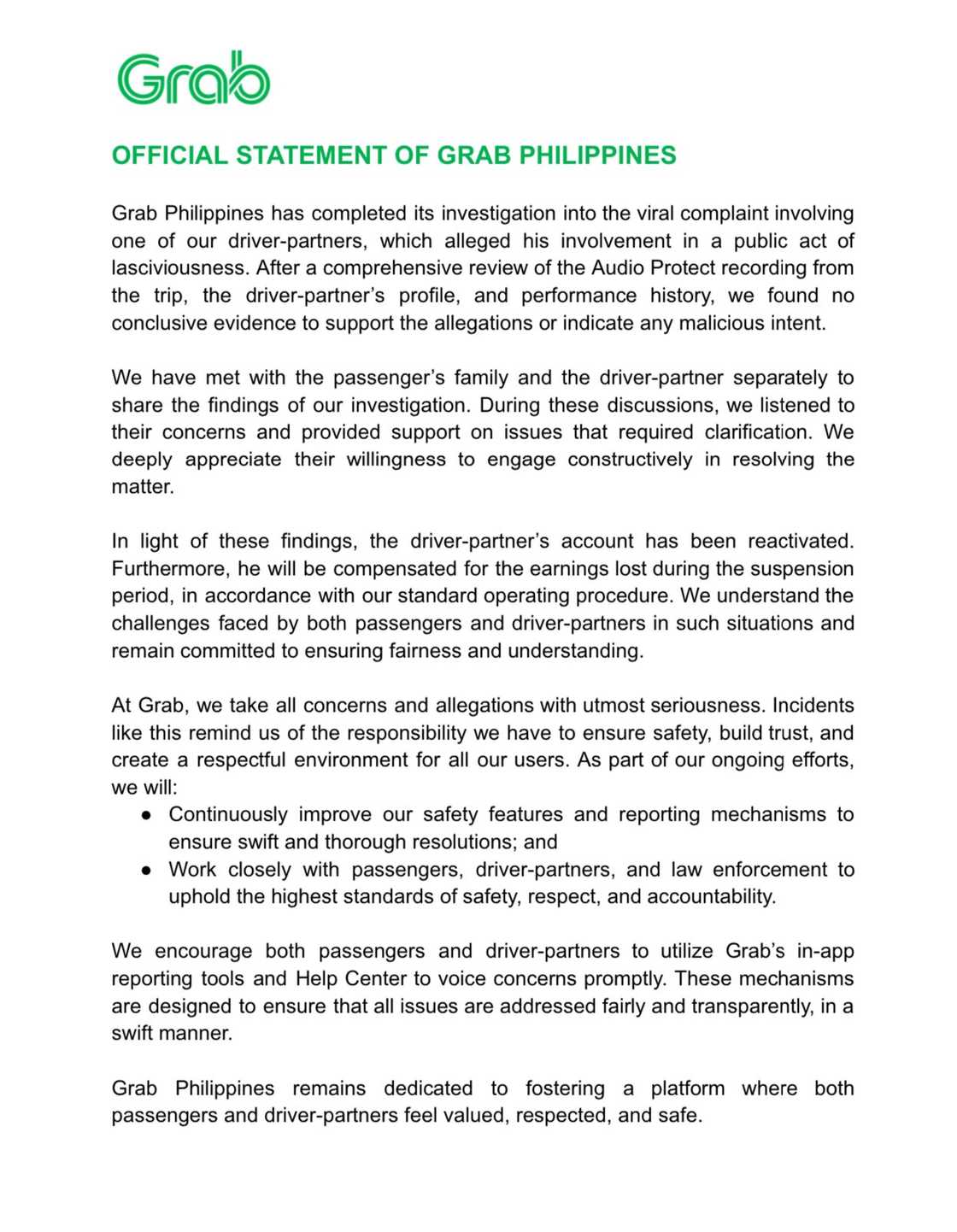 Grab, inilabas ang resulta ng imbestigasyon sa akusasyon laban sa isa nilang driver Grab, inilabas ang resulta ng imbestigasyon sa akusasyon laban sa isa nilang driver